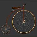 Red Vintage Bicycle With Large Front Wheel Small Rear Wheel And Brown Seat