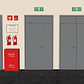 Gray Double Doors With Red Fire Safety Equipment And Green Emergency Exit Signs