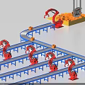 Automated Industrial Equipment with Red Robotic Arms Moving Orange Objects on Blue Conveyor Belts