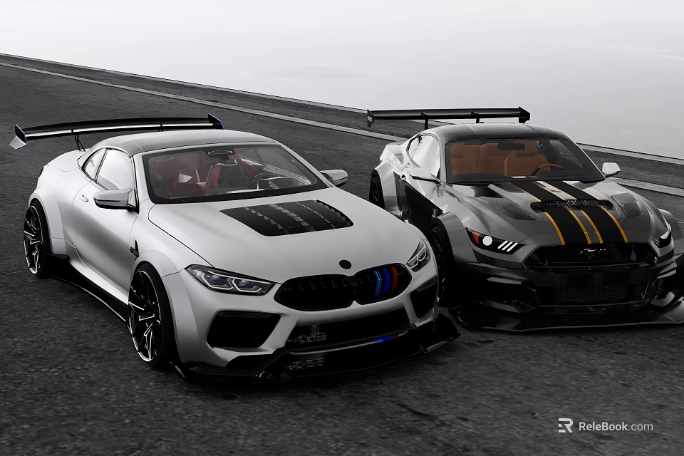 Two Sporty Sports Cars With Rear Spoilers White And Black Yellow Striped On Road 3d model 