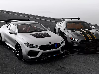 Two Sporty Sports Cars With Rear Spoilers White And Black Yellow Striped On Road 3d model