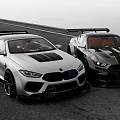 Two Sporty Sports Cars With Rear Spoilers White And Black Yellow Striped On Road