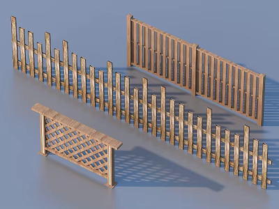 Wooden Fences With Various Designs Including Picket And Lattice Styles 3d model