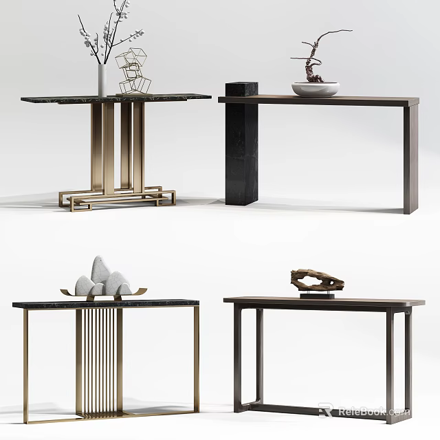 Modern Console Tables With Metal Frames Marble Tops And Decorative Ornaments 3d model 
