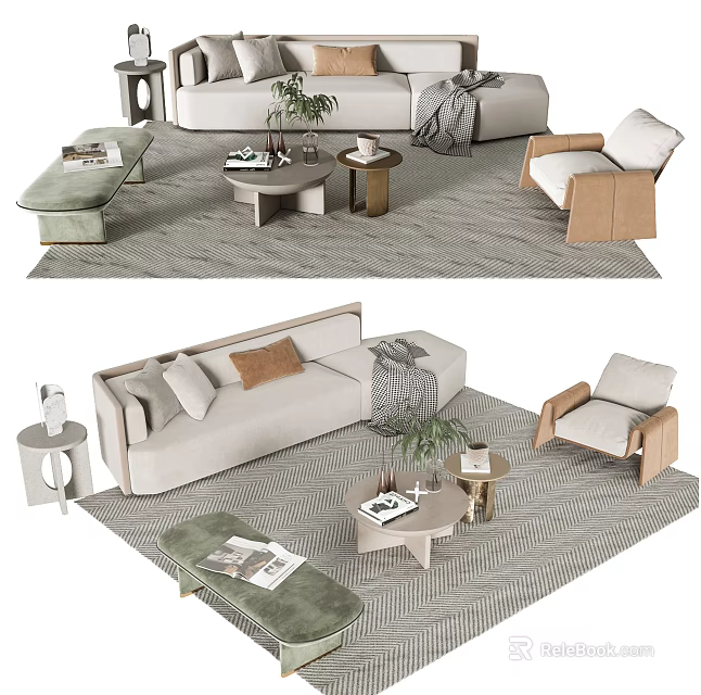 Modern Beige Sofa and Coffee Table Set with Cushions Side Tables and Patterned Rug 3d model