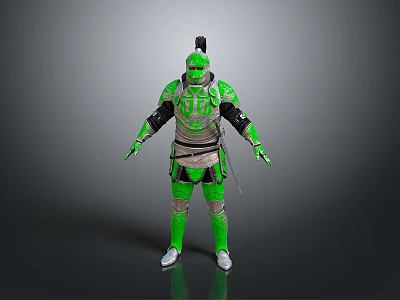 Fantasy Character In Green Decorative Armor With Creature Themed Helmet And Upright Stance 3d model
