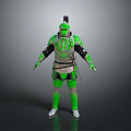 Fantasy Character In Green Decorative Armor With Creature Themed Helmet And Upright Stance