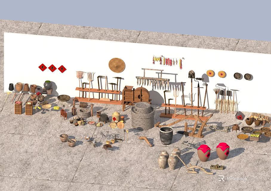 Assorted Garden Decorations With Wooden Racks Clay Pots Tools Decorative Plates And Bamboo Crafts 3d model 