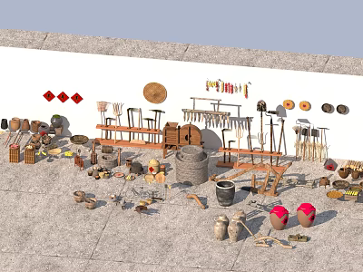 Assorted Garden Decorations With Wooden Racks Clay Pots Tools Decorative Plates And Bamboo Crafts 3d model