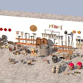 Assorted Garden Decorations With Wooden Racks Clay Pots Tools Decorative Plates And Bamboo Crafts