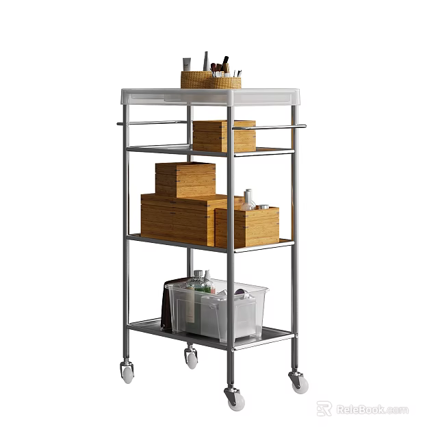 Mobile Metal Storage Shelf With Woven Baskets Wooden Boxes And Transparent Bins 3d model 
