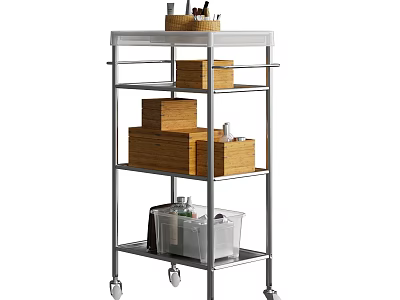 Mobile Metal Storage Shelf With Woven Baskets Wooden Boxes And Transparent Bins 3d model