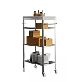 Mobile Metal Storage Shelf With Woven Baskets Wooden Boxes And Transparent Bins
