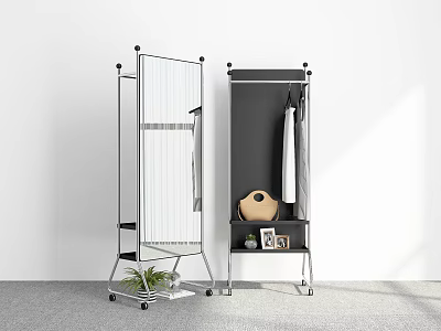 Minimalist Interior With Mirror Clothes Rack And Storage Rack 3d model