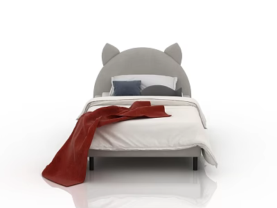 Cozy Kids Bed With Cat Ear Headboard Gray Frame White Bedding Red Blanket 3d model
