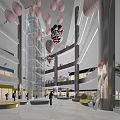 Modern Shopping Mall Atrium With Transparent Elevator Pink Decor And Visitors 3d model