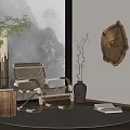 Rattan Leisure Rocking Chair In Room With Wooden Table Vase And Natural Scenery Through Window