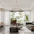 Modern Dining Living Room Interior With Dining Table Chairs Pendant Light And Decorative Painting