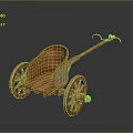 Antique Wooden Wheeled Cart With Two Wheels Curved Compartment Decorative Patterns And Traction Pole