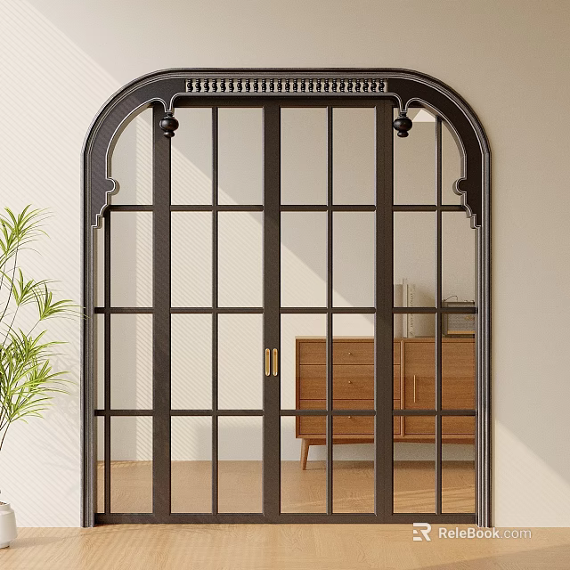 Black Framed Sliding Doors With Arch Top Glass Grilles And Indoor Wooden Cabinets 3d model 