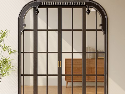 Black Framed Sliding Doors With Arch Top Glass Grilles And Indoor Wooden Cabinets 3d model