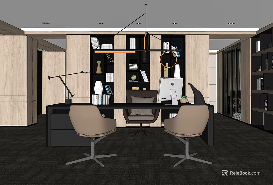 Modern Office Interior with Desk Chairs Bookshelf Table Lamp Computer and Pendant Light 3d model
