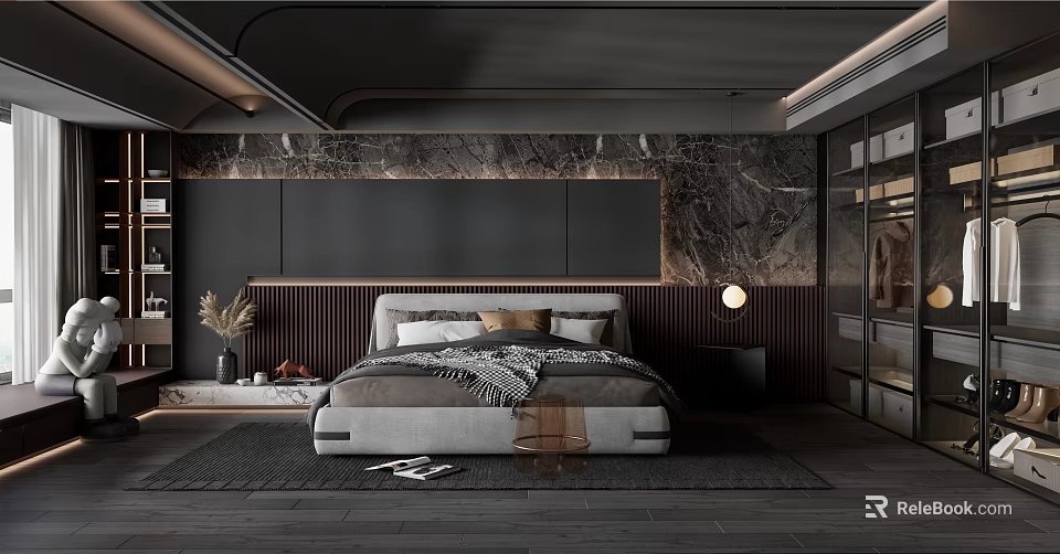 Modern Bedroom Interior Design With Marble Wall Dark Headboard Bed Nightstand Table Lamp And Rug 3d model 
