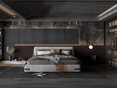 Modern Bedroom Interior Design With Marble Wall Dark Headboard Bed Nightstand Table Lamp And Rug 3d model