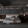 Modern Bedroom Interior Design With Marble Wall Dark Headboard Bed Nightstand Table Lamp And Rug
