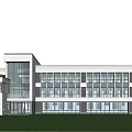 Modern School Building Exterior Design With White Walls Large Glass Windows And Green Lawn