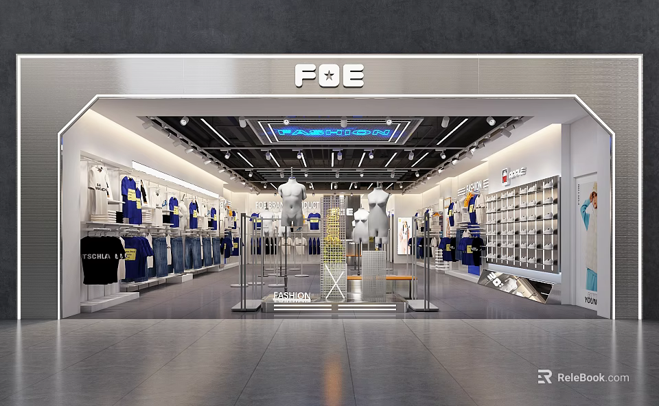 FQE Clothing Store Modern Interior With Clothing Displays Mannequins And Shelves 3d model 