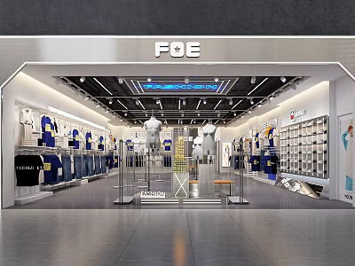 FQE Clothing Store Modern Interior With Clothing Displays Mannequins And Shelves 3d model