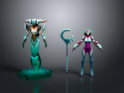 Two Sci Fi Characters Green Robot And Purple Pink Figure With Ringed Staff Standing 3d model