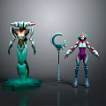 Two Sci Fi Characters Green Robot And Purple Pink Figure With Ringed Staff Standing