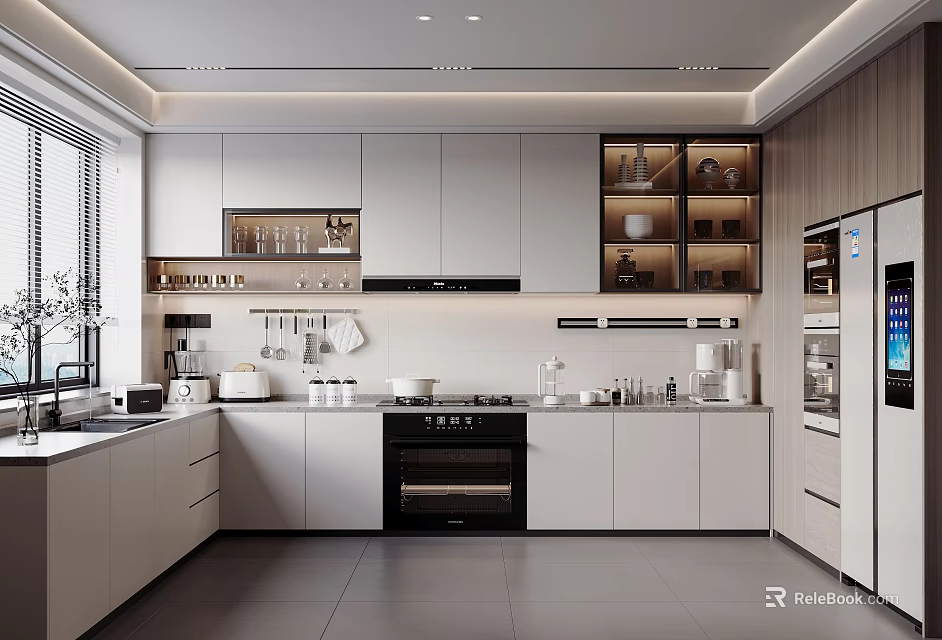 Modern Kitchen Interior Design With White Cabinets Open Shelves And Built-in Appliances 3d model 