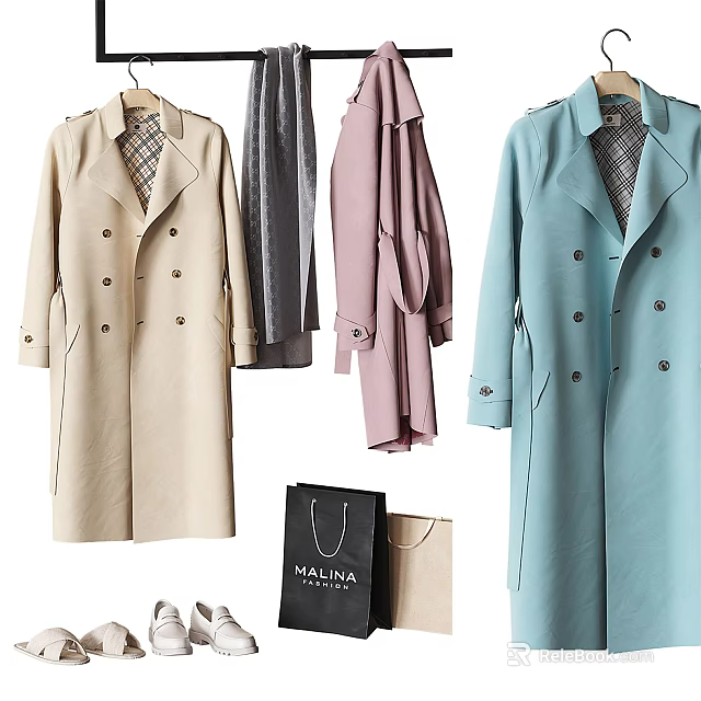Stylish Double Breasted Trench Coats in Beige Gray Pink and Light Blue 3d model 