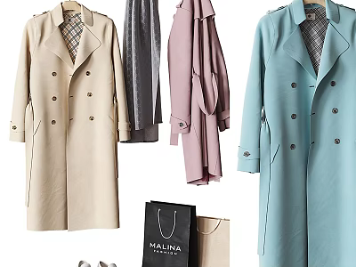 Stylish Double Breasted Trench Coats in Beige Gray Pink and Light Blue 3d model