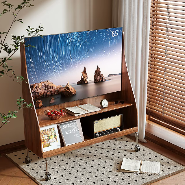 Wooden TV Stand With 65 Inch TV Shelves Decorative Items Living Room Plant And Blinds 3d model 