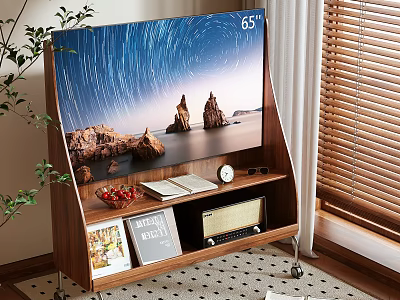 Wooden TV Stand With 65 Inch TV Shelves Decorative Items Living Room Plant And Blinds 3d model