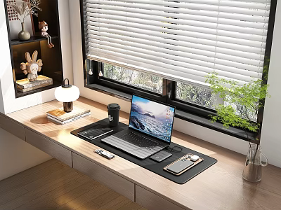 Modern Laptop Workspace On Wooden Desk With Window Blinds And Green Plant Accessories 3d model
