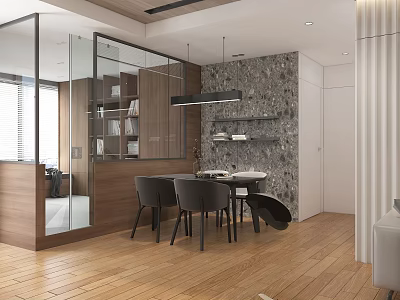 Modern Minimalist Dining and Living Room Interior With Wooden Flooring Glass Partition And Pendant Light 3d model