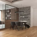 Modern Minimalist Dining and Living Room Interior With Wooden Flooring Glass Partition And Pendant Light