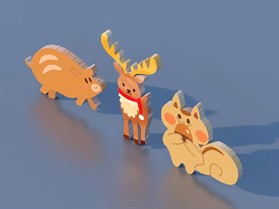 Wooden Cartoon Animal Figurines With Deer Pig Squirrel And Scarf Decoration 3d model