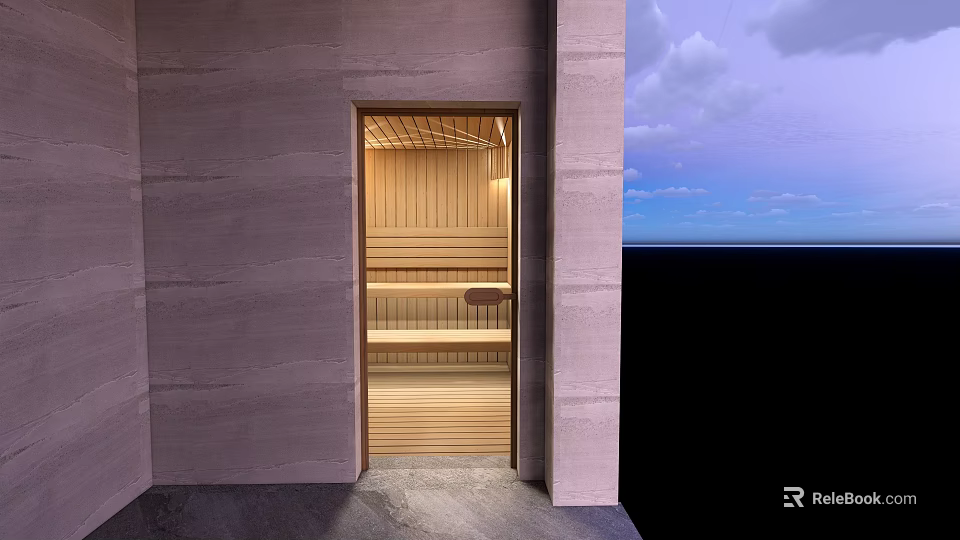 Wooden Shower Steam Sauna Entrance With Modern Design And Natural Light 3d model 