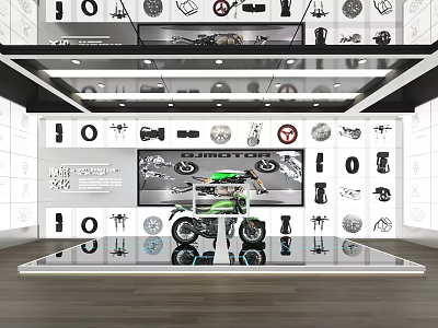 Modern Motorcycle Exhibition Hall With Green Motorcycle And Wall Displayed Parts 3d model