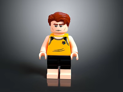 Lego Minifigure With Red Hair Yellow Vest Black Logo And Black Shorts 3d model