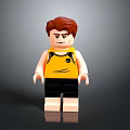 Lego Minifigure With Red Hair Yellow Vest Black Logo And Black Shorts