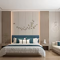 Modern Hotel Guest Room Featuring Light Wood Panel Wall White Floral Relief And Blue Headboard