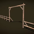 Sheep Grazing Near Wooden Arch And Fence In Dark Background Scene