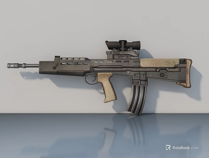 Black Tactical Rifle With Telescopic Sight Magazine Gray Background And Reflection 3d model 